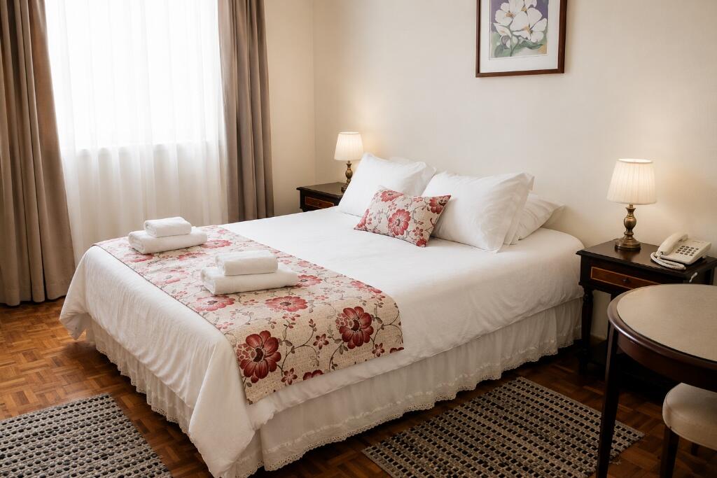 Immaculate double room at Hotel Rondo Viña del Mar with crisp white linens, floral runner and warm bedside lamps