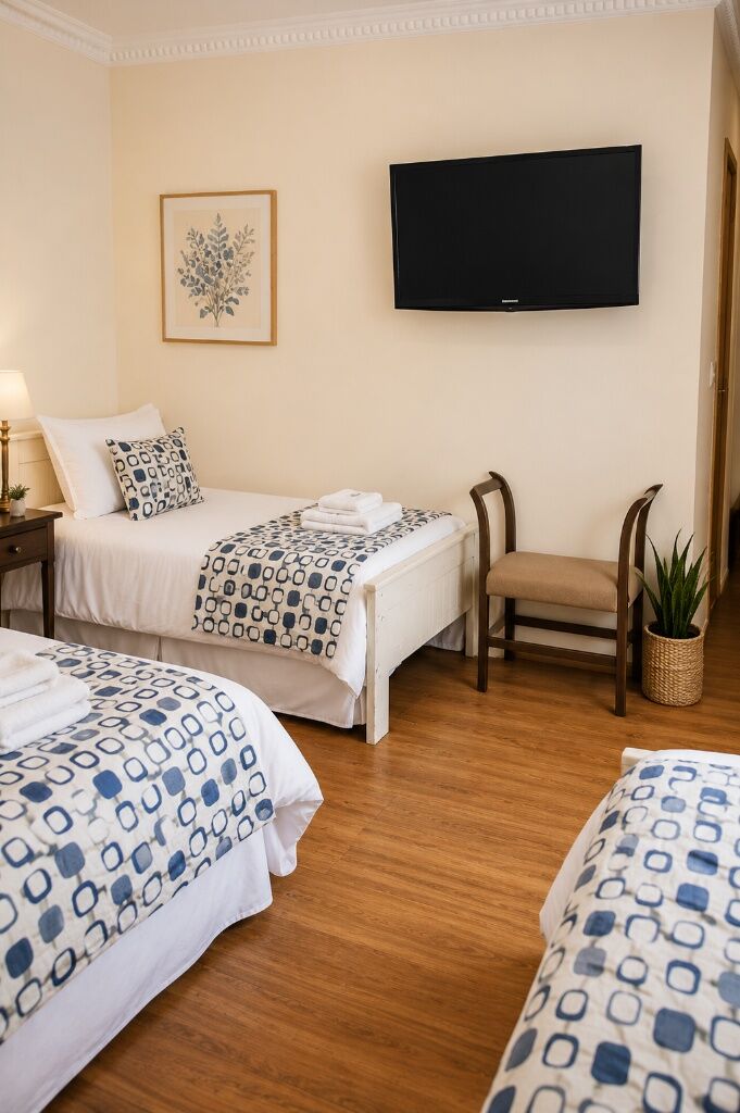 Triple room at Hotel Rondo Viña del Mar with blue patterned runners, wood floors and wall-mounted TV